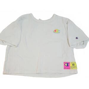 CHAMPION White Womens Cropped Reverse Weave T Shirt M Rainbow Logo Vintage